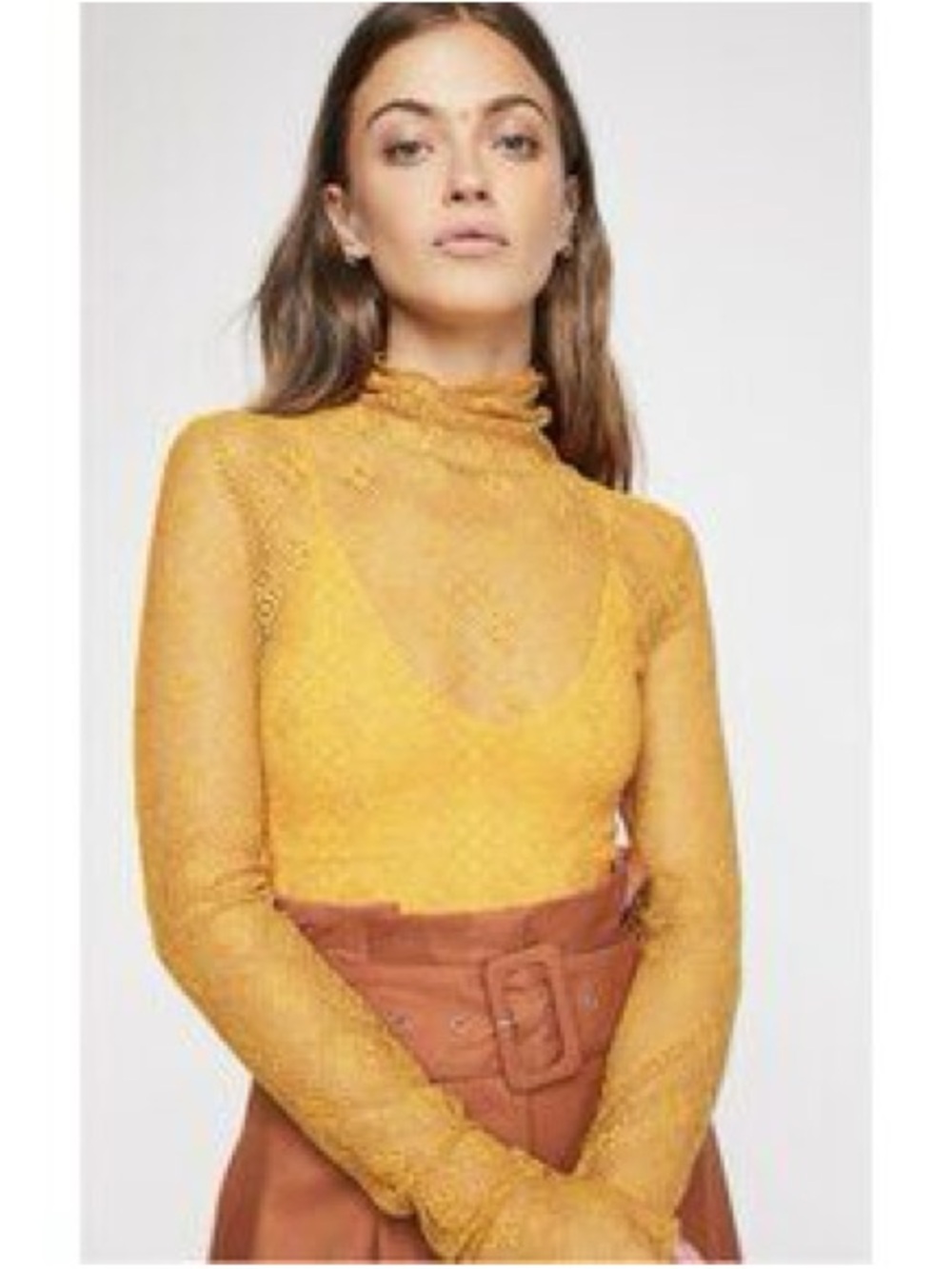Intimately Free People Sweet Memories Sheer Lace Turtleneck Mustard Yellow XS - Picture 14 of 14